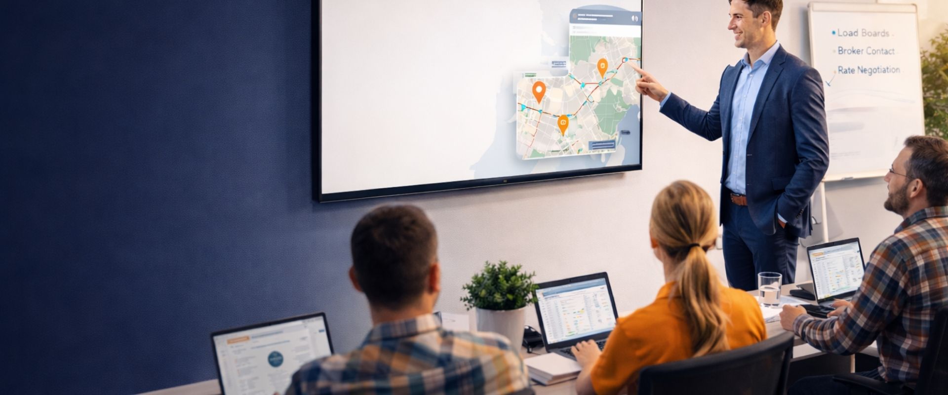 Dispatcher training masterclass session with instructor presenting load planning and route mapping to new freight dispatchers in a modern office.