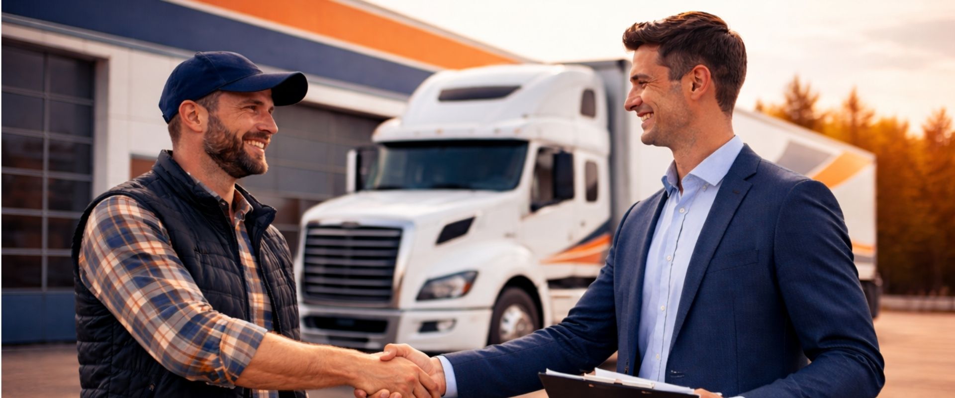 Truck driver and dispatcher shaking hands in front of semi truck representing trusted freight dispatch partnership