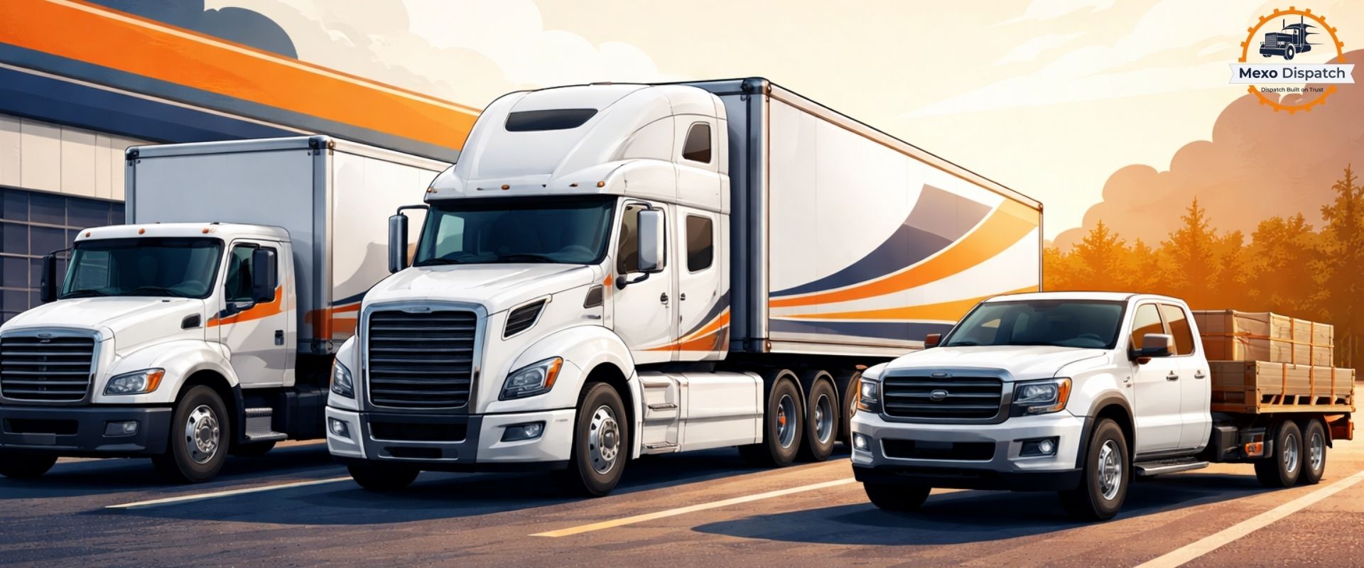 Mexo Dispatch logistics fleet featuring box truck, semi truck and hotshot truck for professional freight dispatch services